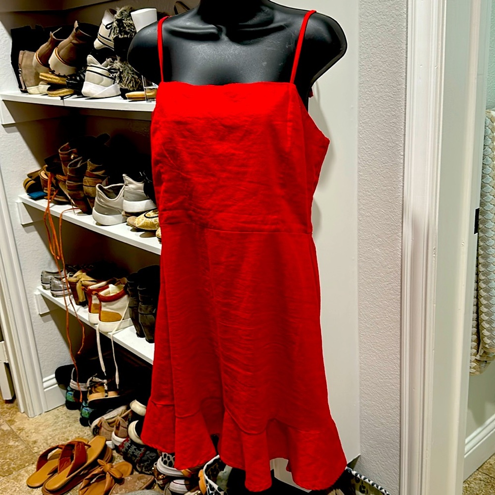 Red Gianni bini linen large women’s zip up spaghetti strap sundress knee length